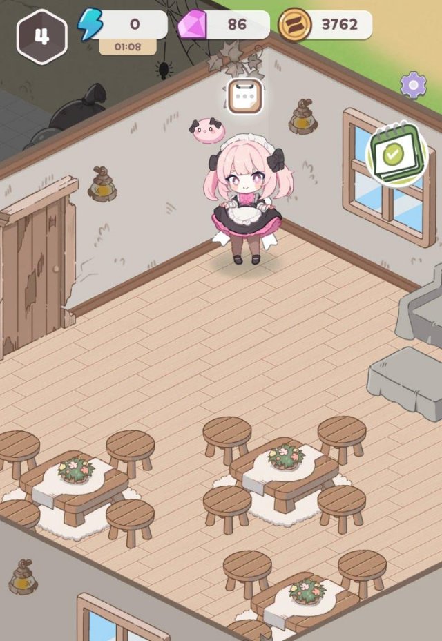 a maid with pink hair amidst a dusty old cafe