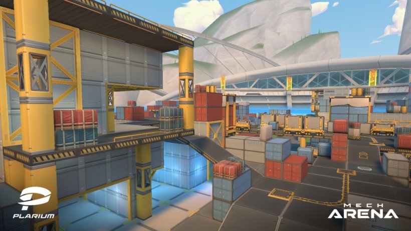 A futuristic cargo port with shipping contains scattered across the map