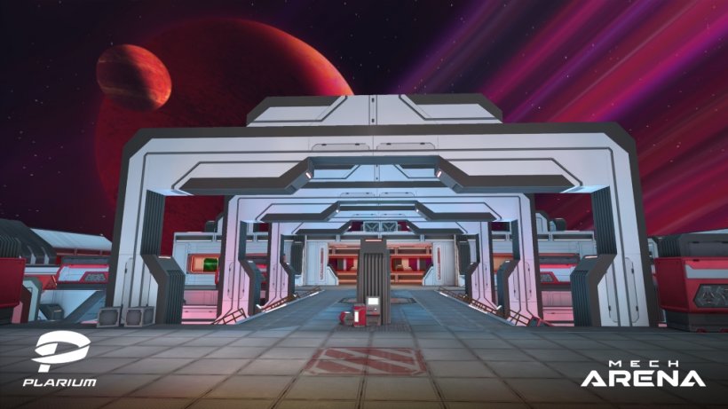 A futuristic walkway with two planets floating in the background